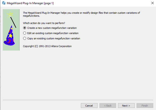 Рис. 19. Окно выбора мегафункции, языка описания и задания имени создаваемого файла с описанием конфигурации мегафункции