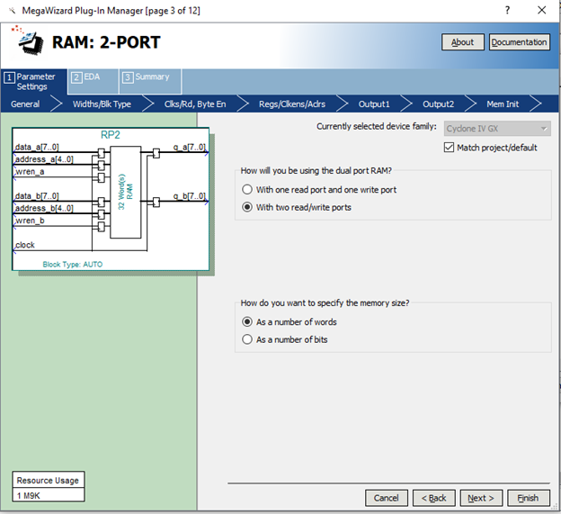 Рис. 21 Окно задания размера памяти и разрядности портов, в случае использования портов разной разрядности