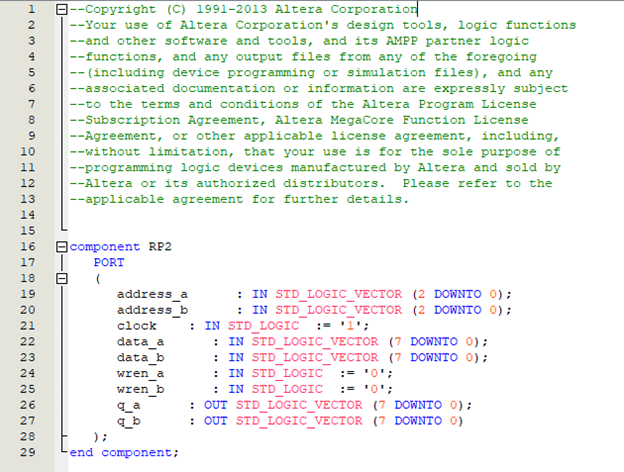 Листинг 1. Содержимое созданного мегавизардом файла с декларацией компонента RP2