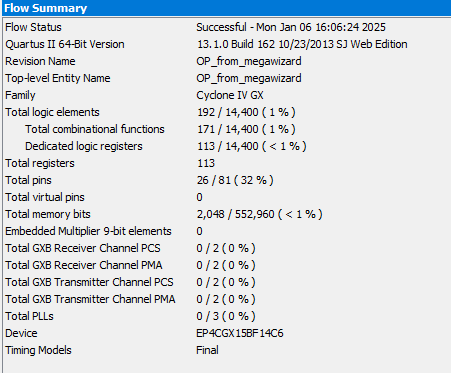 Рис. 32 Отчет о компиляции модуля OP_from_megawizard