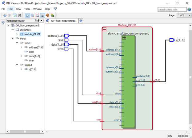 Рис. 33 Реализация модуля ОП на базе библиотечного элемента altsyncram