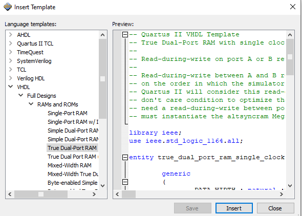 Рис. 34 Выбор шаблона с описанием двухпортового модуля памяти