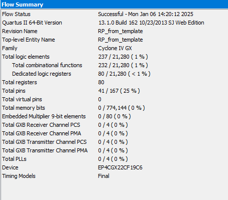 Рис. 37 Отчет о компиляции проекта РП с использованием шаблона из QII