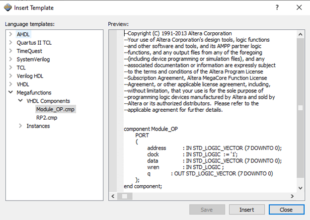 Рис.38 Шаблон с декларацией компонента оперативной памяти Module_OP