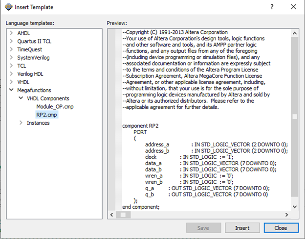 Рис. 39 Шаблон с декларацией компонента регистровой памяти RP2