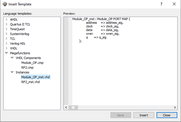 Рис. 41 Шаблон для установки экземпляра модуля RP2 в проект верхнего уровня
